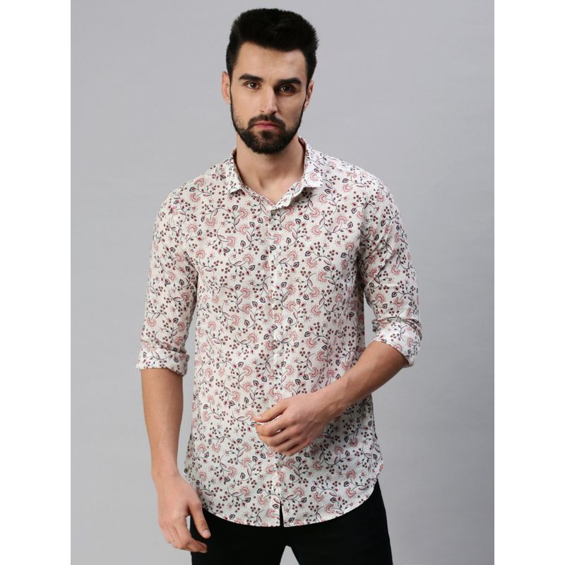 SHOWOFF Men Casual Slim Collar Off White Floral Shirt (42)