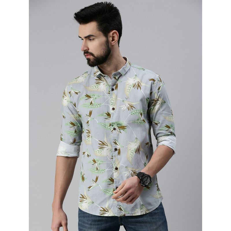 SHOWOFF Men Casual Slim Collar Grey Floral Shirt (42)