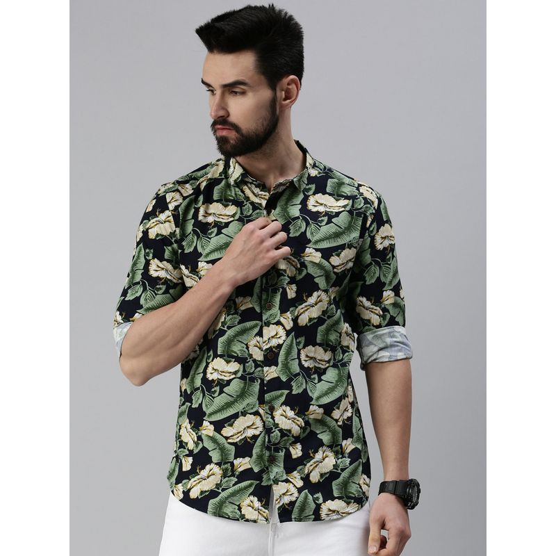 SHOWOFF Men Casual Slim Collar Navy Blue Floral Shirt (44)