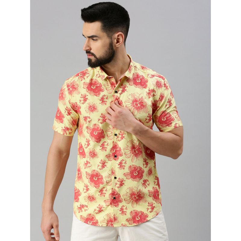 SHOWOFF Men Half Sleeves Yellow Floral Shirt (L)