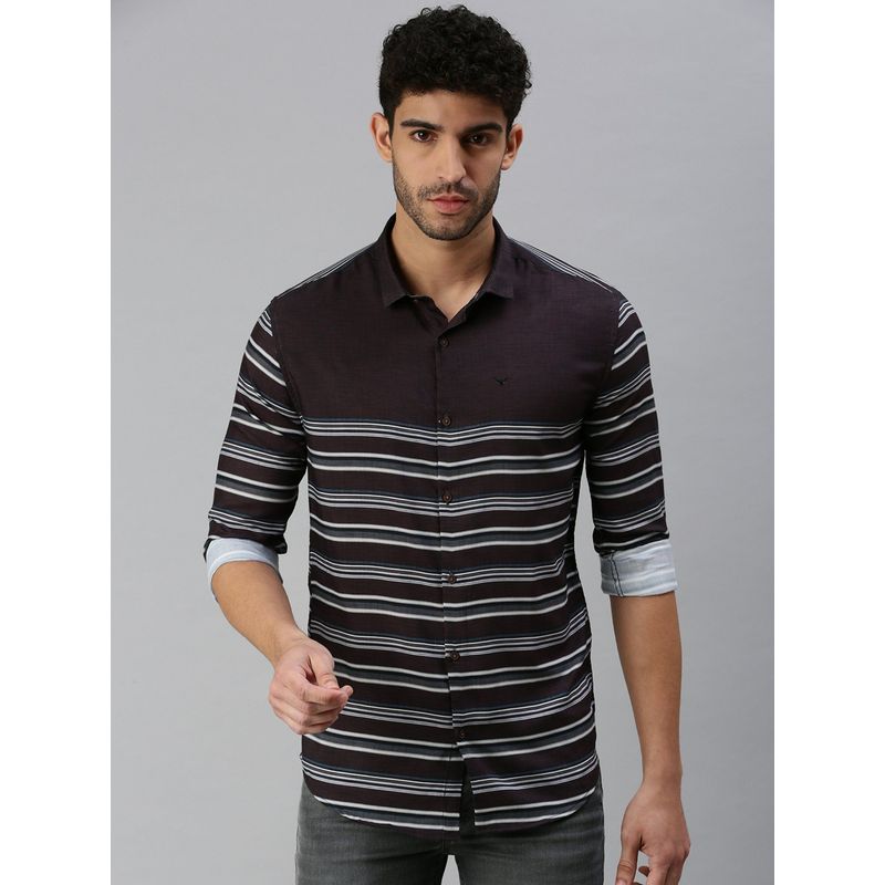 SHOWOFF Men Full Sleeves Wine Horizontal Stripes Shirt (L)