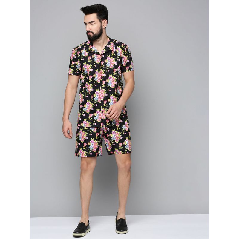 SHOWOFF Mens Black Short Sleeves Printed Shirt with Short (Set of 2) (M)
