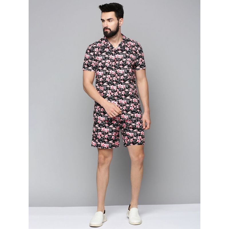 SHOWOFF Mens Black Short Sleeves Printed Shirt with Short (Set of 2) (XL)