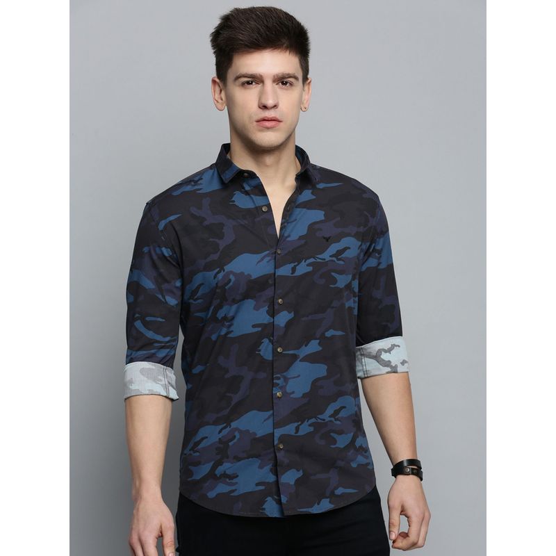 SHOWOFF Mens Spread Collar Black Printed Shirt (L)