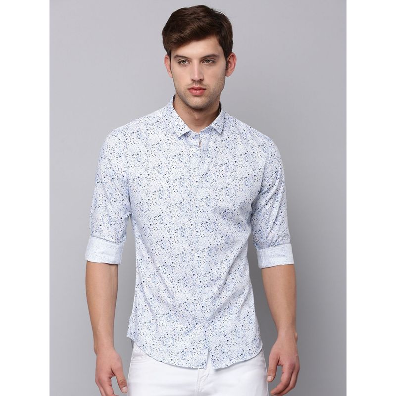 SHOWOFF Mens Spread Collar White Printed Shirt (L)
