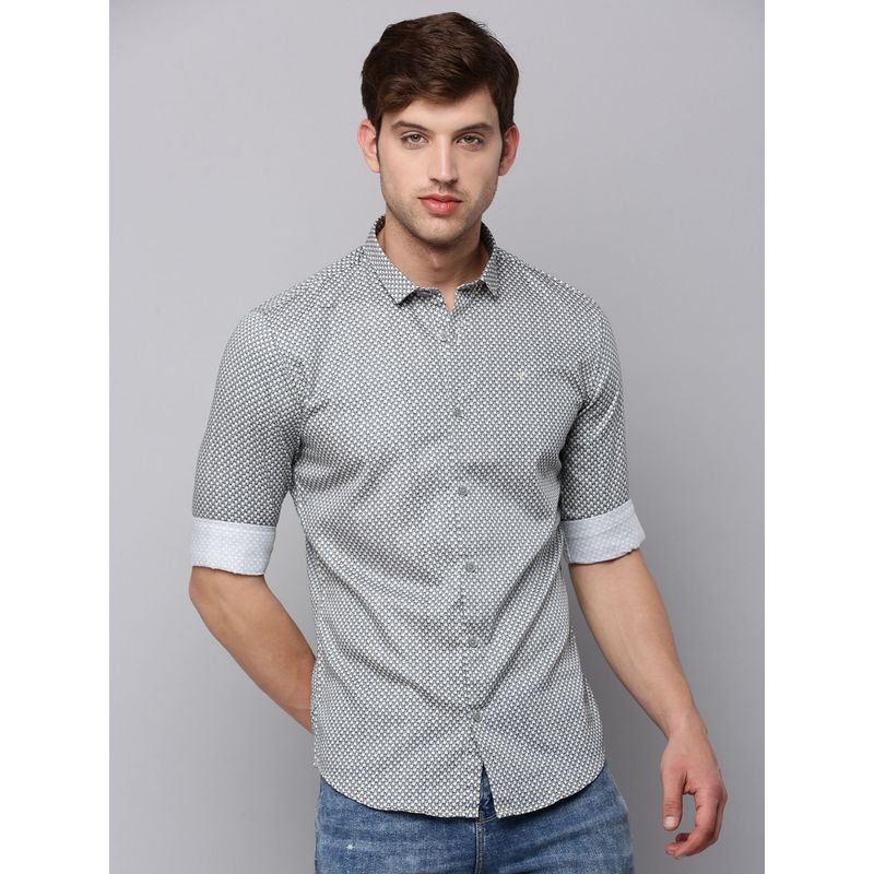 SHOWOFF Mens Spread Collar Cream Printed Shirt (XL)