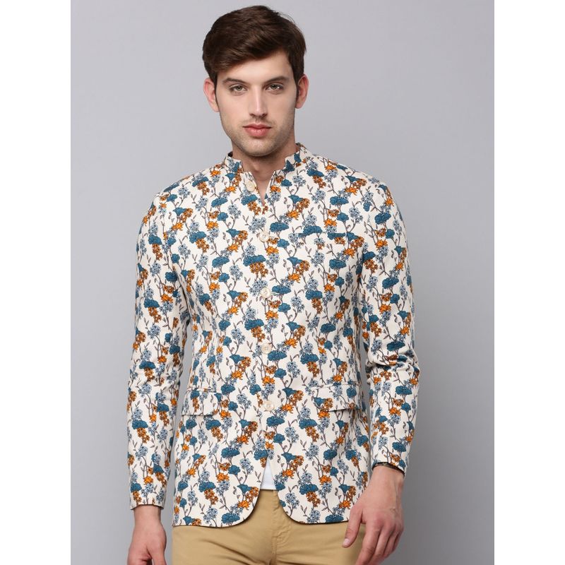 SHOWOFF Mens Mandarin Collar Printed Cream Open Front Blazer (L)