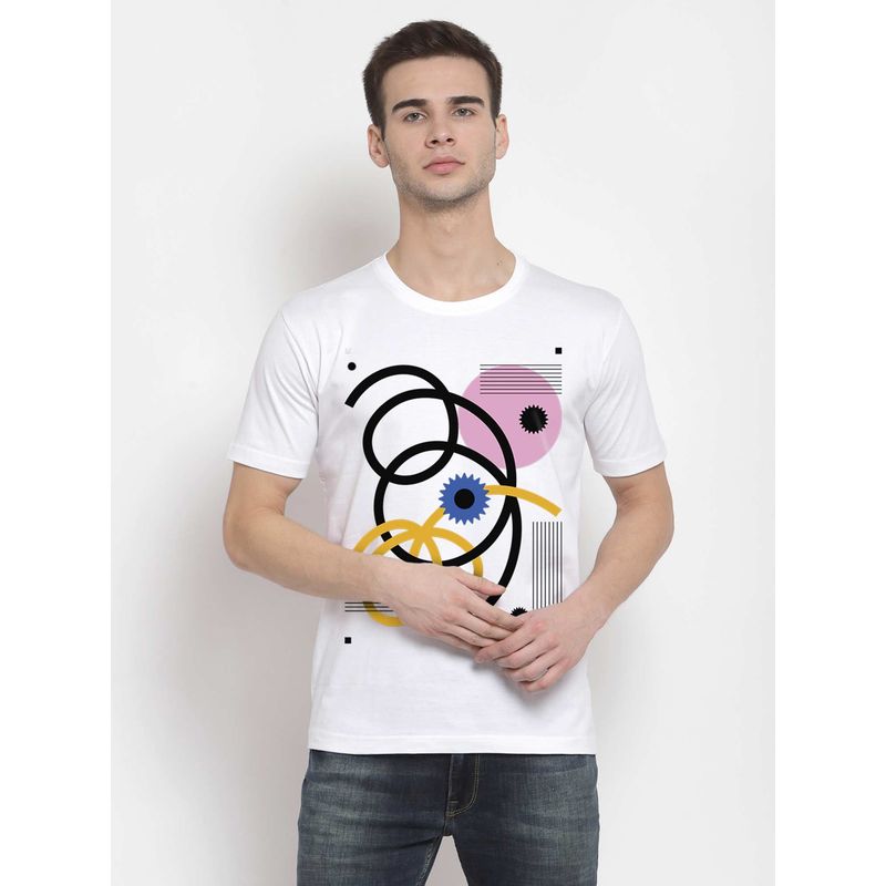 THREADCURRY Pattern Men White Printed Crew Neck T-Shirt (XL)