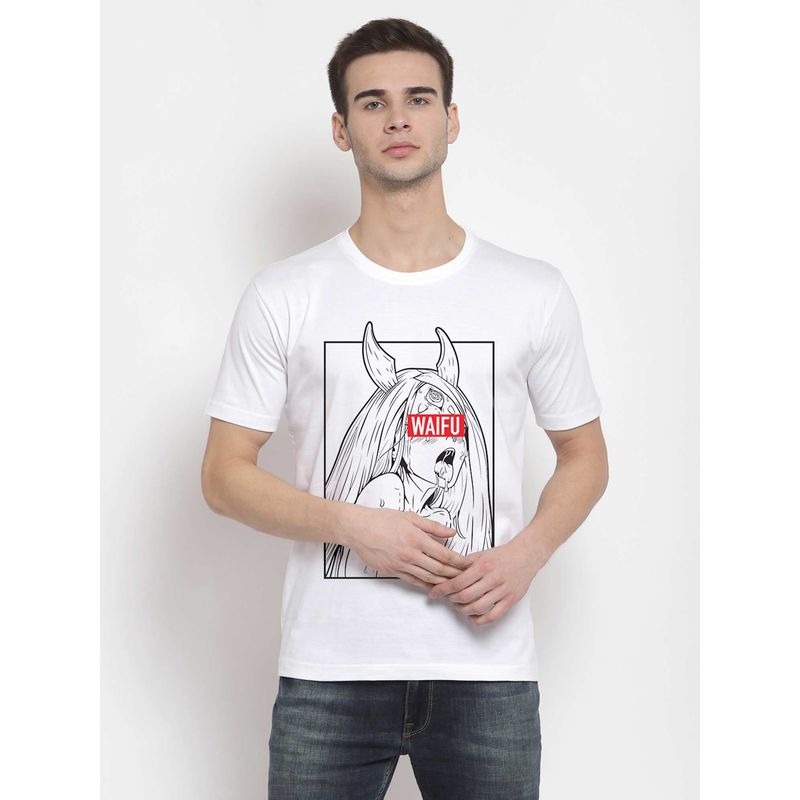 THREADCURRY Anime Men White Printed Crew Neck T-Shirt (XL)