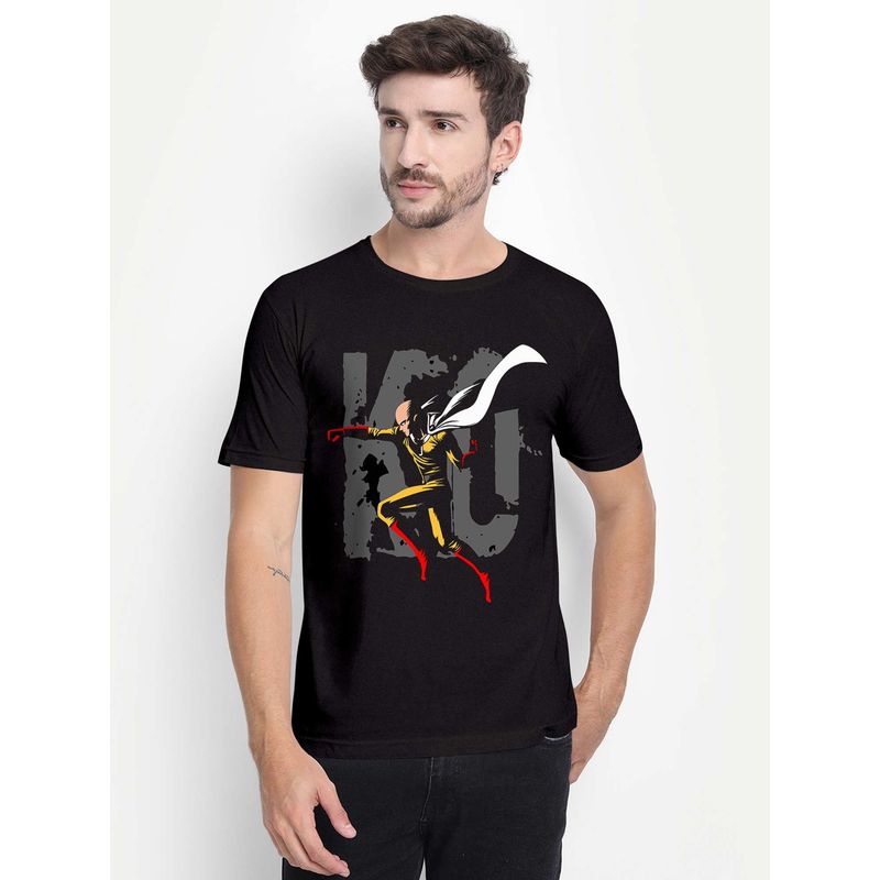 THREADCURRY Anime Men Black Printed Crew Neck T-Shirt (L)