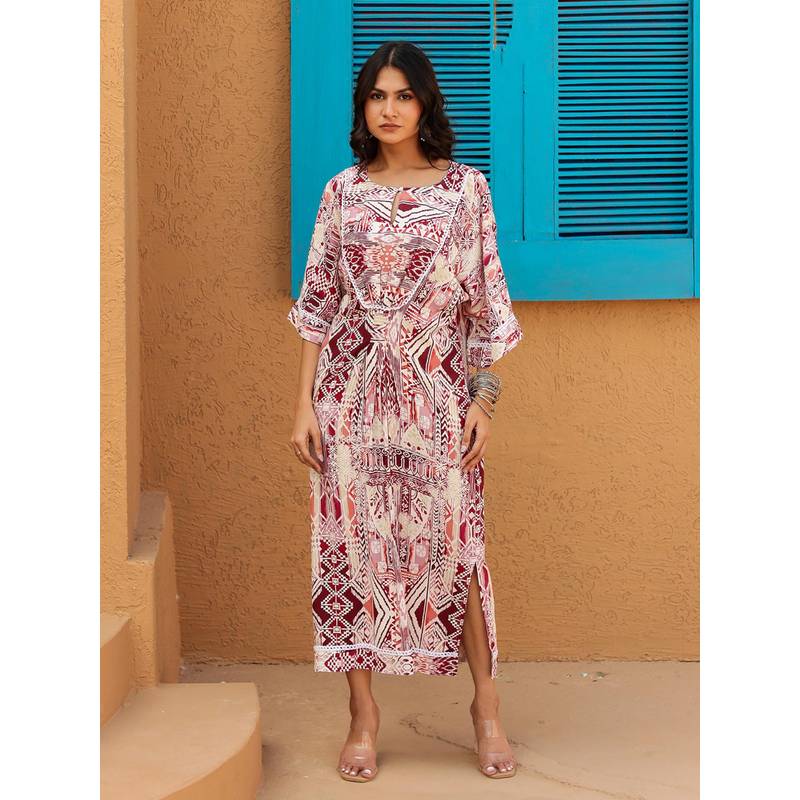The Kaftan Company Maroon and Beige Geometric Printed Maxi Dress (XL)
