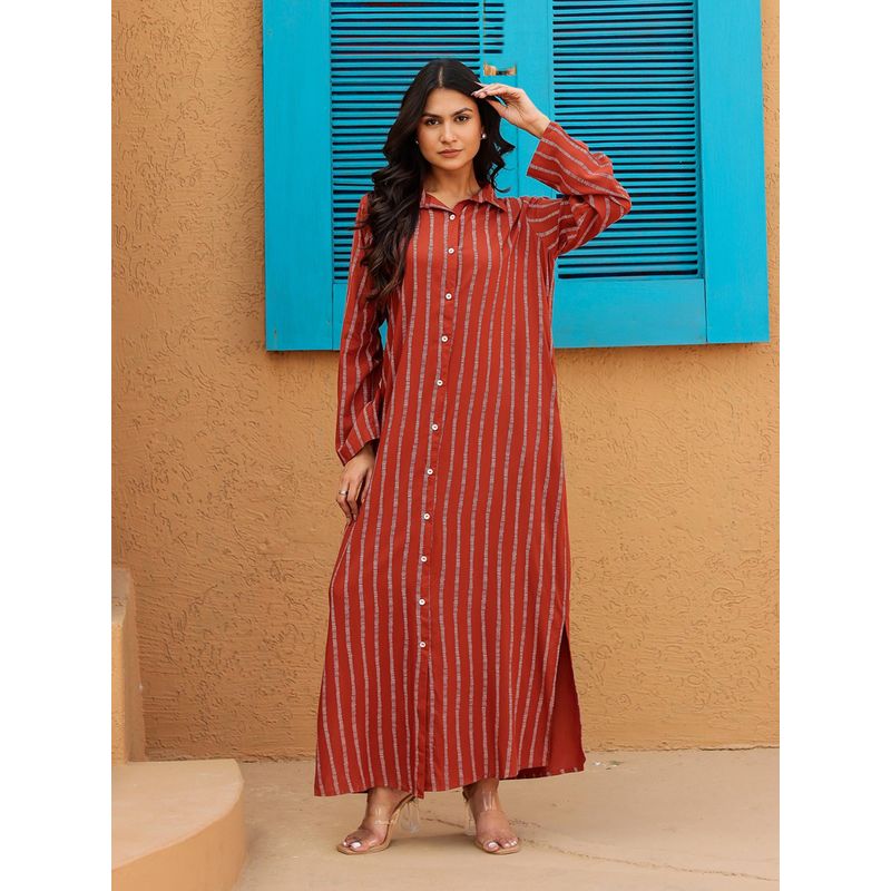 The Kaftan Company Maroon Stripes Full Length Maxi Shirt Dress (2XL)