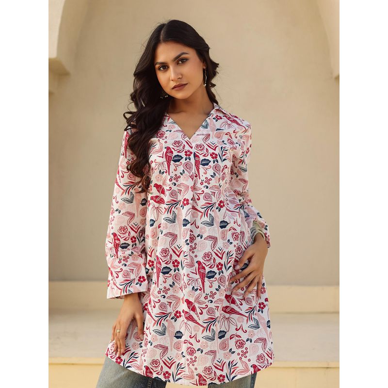 The Kaftan Company White and Red Bird Print Cotton Tunic (2XL)