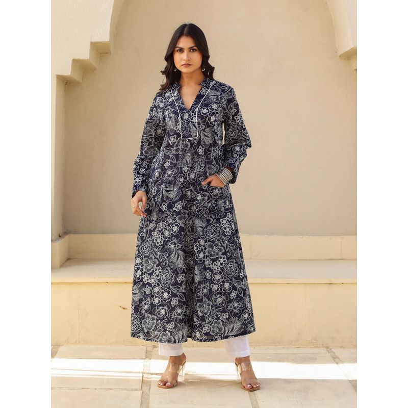 The Kaftan Company Black and White Outline Floral Print A-Line Cotton Kurta (2XL)