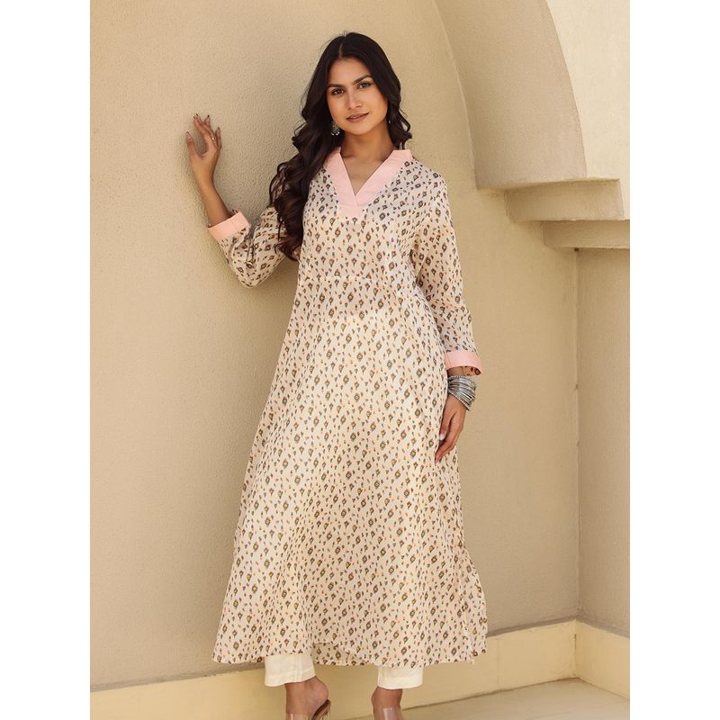 The Kaftan Company Contrast Off White Printed A-Line Cotton Kurta (L)