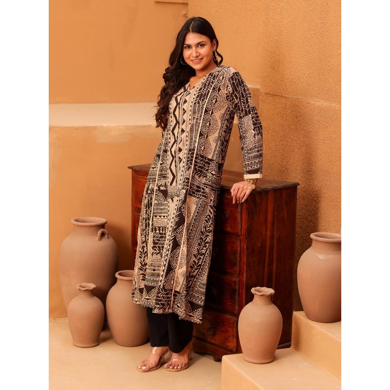 The Kaftan Company Beige & Brown Printed Cotton Anarkali Kurta (2XL)