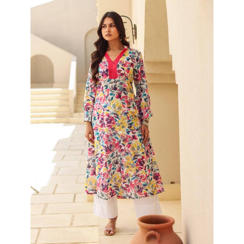 The Kaftan Company Multi-Color Floral Print Cotton A-Line Kurta (S)