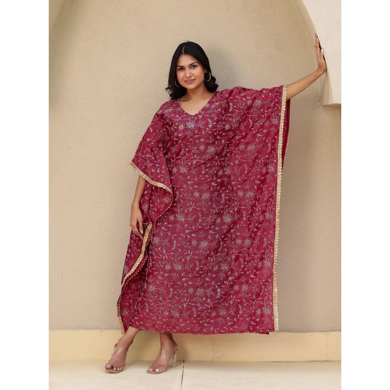 The Kaftan Company Festive Red Viscose Silk Embroidered Kaftan Kurta (S)
