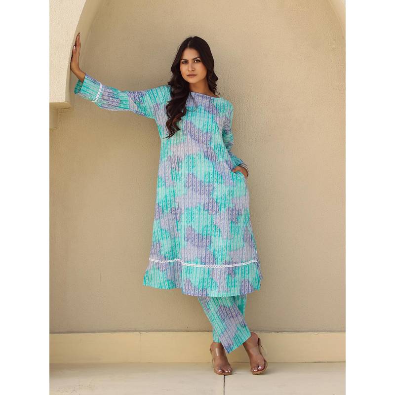 The Kaftan Company Lace Trim Blue Abstract Print Cotton Kurta with Pant (3XL)