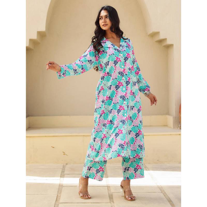 The Kaftan Company Blue and Pink Tropical Print Cotton Kurta with Pant (S)