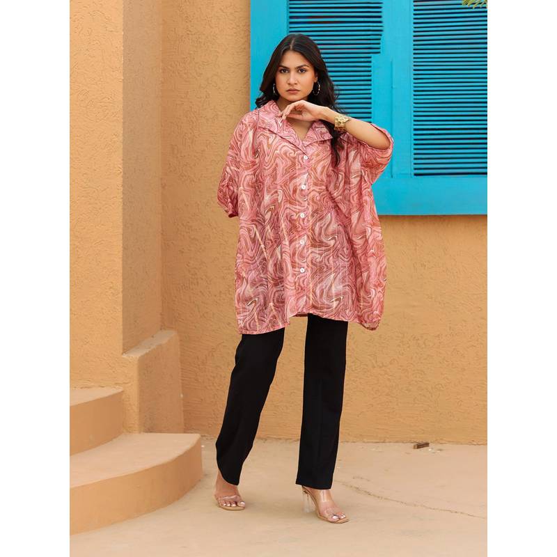 The Kaftan Company Pink Marble Print Oversized Polyester Top (2XL)