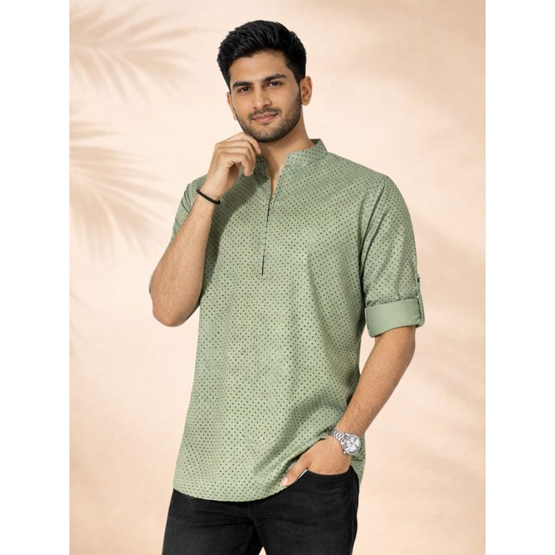 JBN Creation Men Green Cotton Blend Digital Polka Print Short Kurta (36)