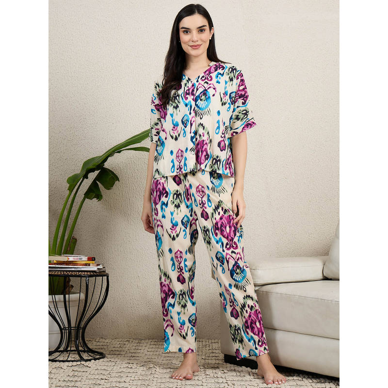 July Nightwear Cotton Beige Short Sleeves Shirt and Pajama (S)