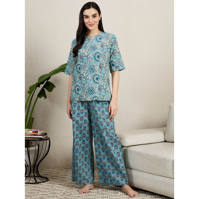 July Nightwear Cotton Blue Floral Printed Top and Pajama For Women (S)