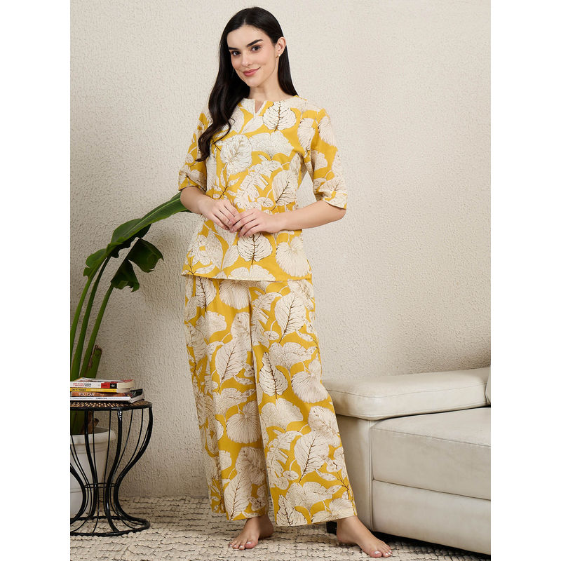 July Nightwear Cotton Yellow Floral Printed Top and Pajama For Women (S)