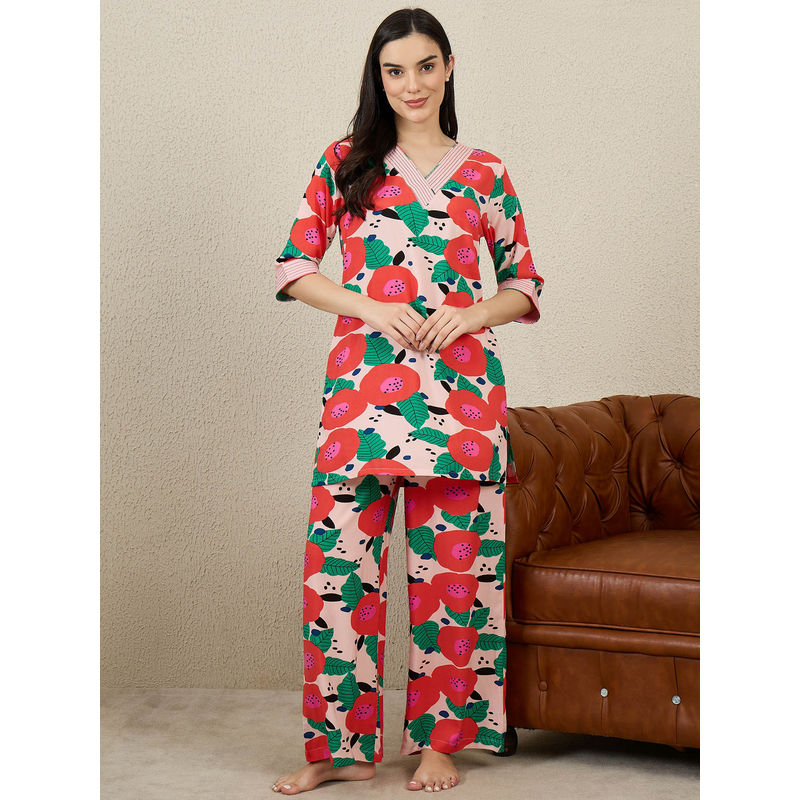 July Nightwear Rayon Red Floral Printed Kurti with Pajama (S)