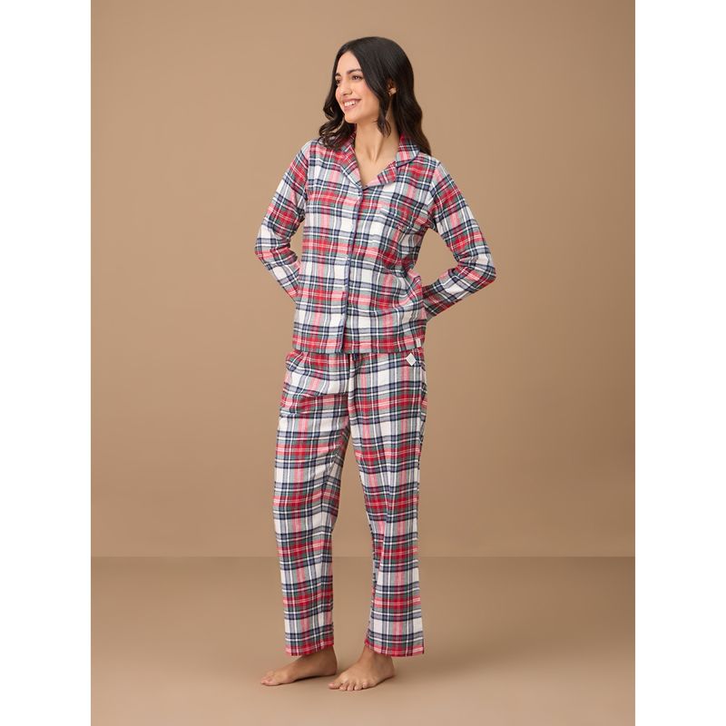 Nykd By Nykaa Button Down Cotton Flannel Pajama Set - NYS902 - Red Blue Plaid (L)