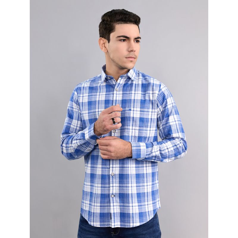 Monte Carlo Blue Men Regular Fit Checks Full Sleeve Shirt (L)