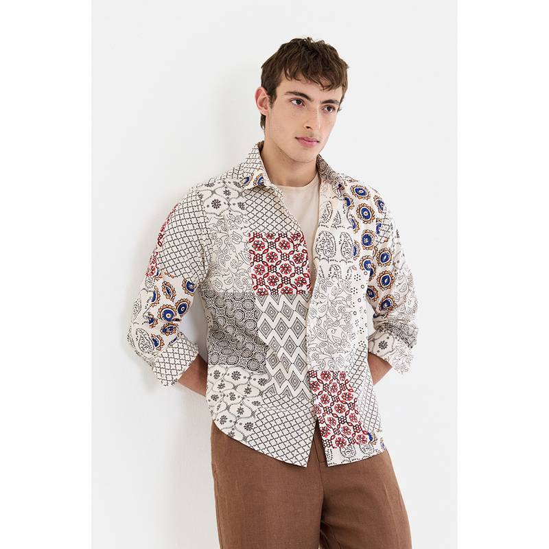 Snitch Off White Patchwork Full Sleeves Regular Casual Shirt (M)