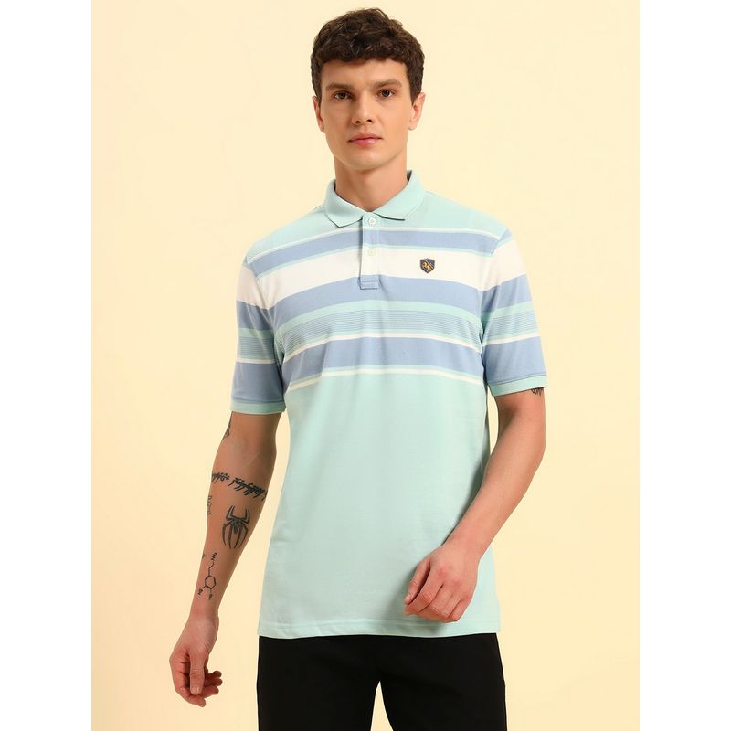 Cantabil Men Aqua Stripes Cotton Blend Polo T-Shirt (L)
