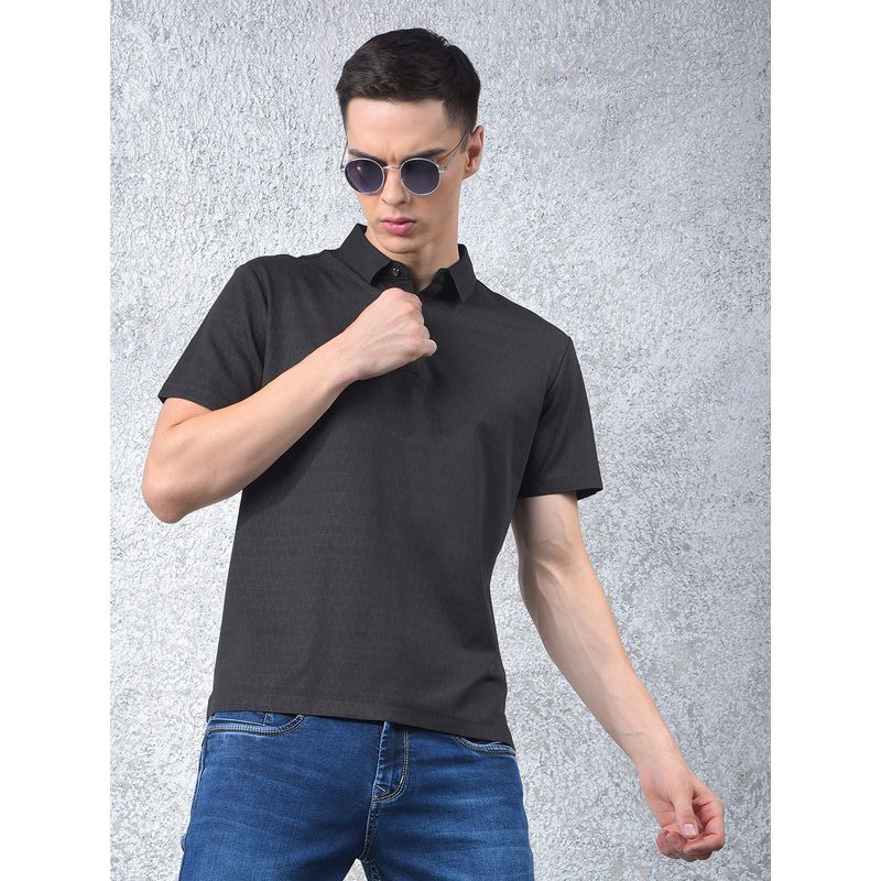 CRIMSOUNE CLUB Men Black Abstract Polo Neck T-Shirt (S)
