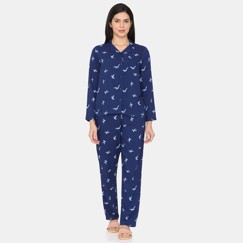 Zivame Avian Woven Nightsuit - Bellwether Blue (Set of 2) (S)