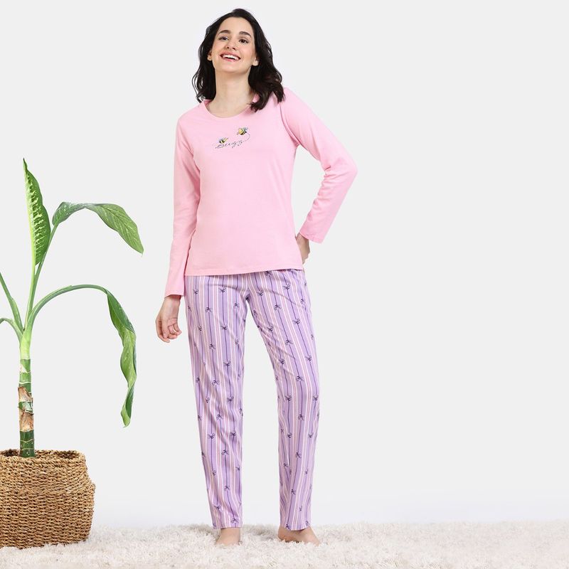 Zivame Buzzers Knit Cotton Nightsuit - Regal Orchid (Set of 2) (XL)