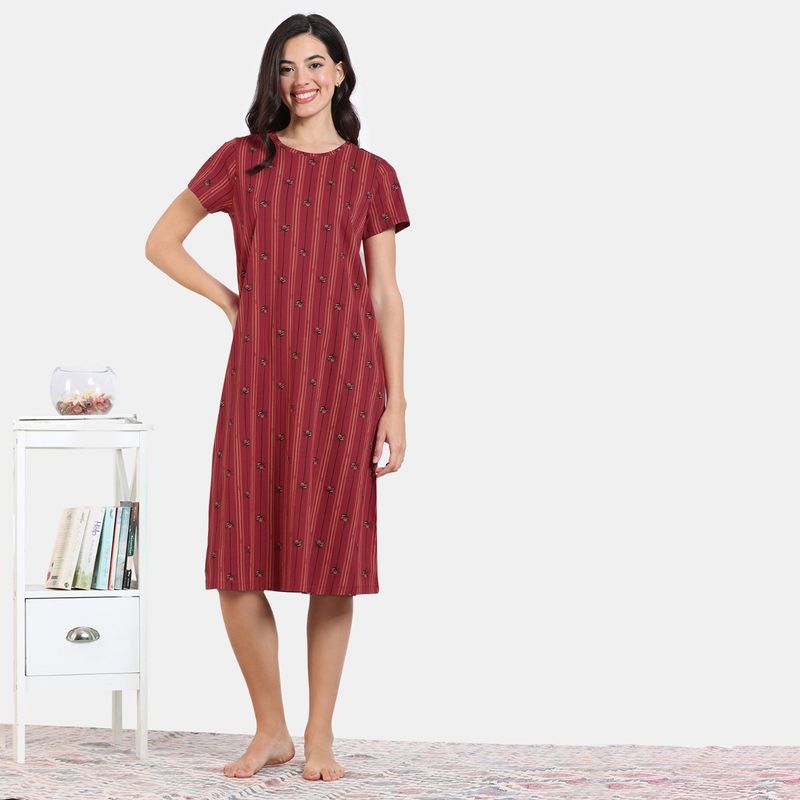 Zivame Buzzers Knit Cotton Knee Length Nightdress - Karanda Red (M)