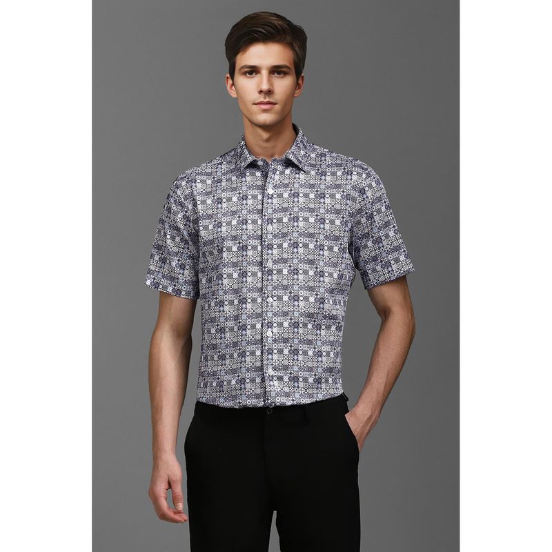 Louis Philippe Men Navy Blue Slim Fit Print Half Sleeves Casual Shirt (39)