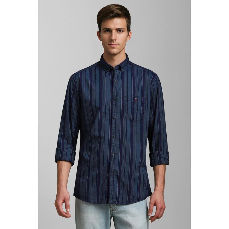 Louis Philippe Men Navy Blue Slim Fit Stripe Full Sleeves Casual Shirt (39)