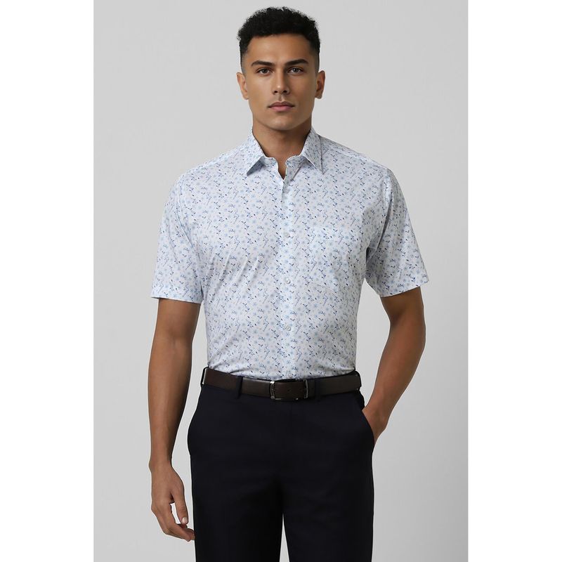 Van Heusen Men Blue Regular Fit Floral Print Half Sleeves Wedding Shirt (40)