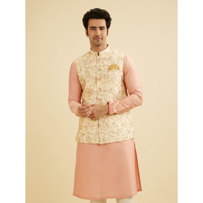 Manyavar Peach Art Silk Print with Zari & Embroidery Jacket for Men (XL)