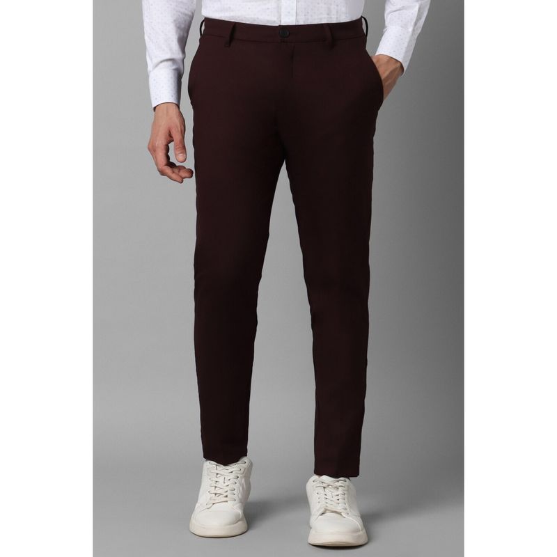Louis Philippe Men Maroon Slim Fit Solid Flat Front Casual Trousers (34)