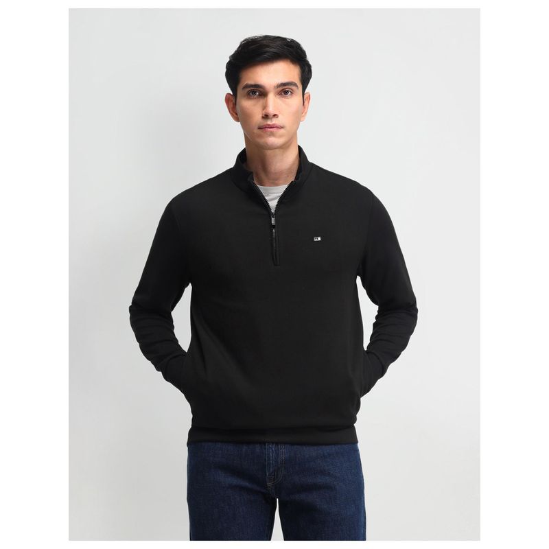 Arrow Sports Solid Black Full Sleeves High Neck Sweatshirt (L)