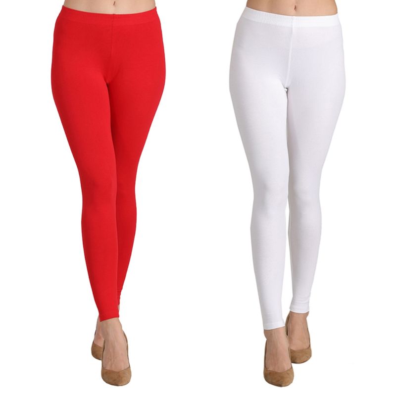 Groversons Paris Beauty Ankle Length Women's Solid Leggings Pack Of 2 - Red, White (M)