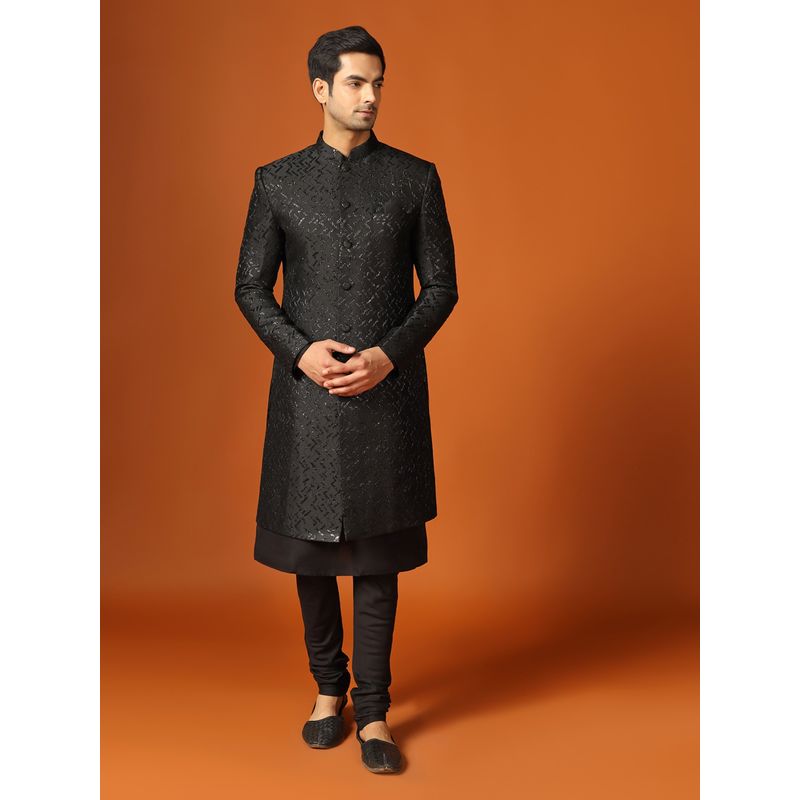 KISAH Men Black Woven Silk Blend Jacquard Kurta Indowestern Sherwani Churidar Set with Sequinned (42)