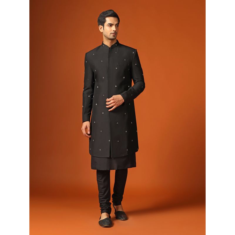 KISAH Men Black Cut Dana Embroidery Silk Blend Kurta Indowestern Sherwani Churidar Set with Cut Dana (42)