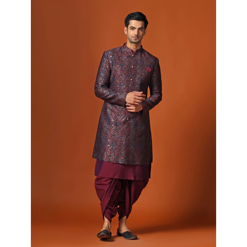 KISAH Men Multi Coloured Silk Blend Jacquard Kurta Indowestern Sherwani Dhoti Set with Paisley Design (40)