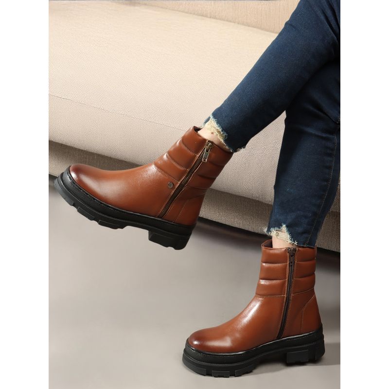 Carlton London Tan Solid Mid Top Women Chunky Boots (EURO 38)