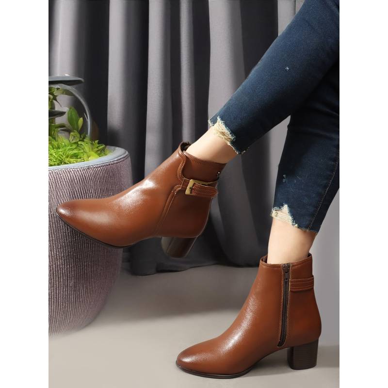 Carlton London Tan Solid Mid Top Women Buckle Boots (EURO 37)